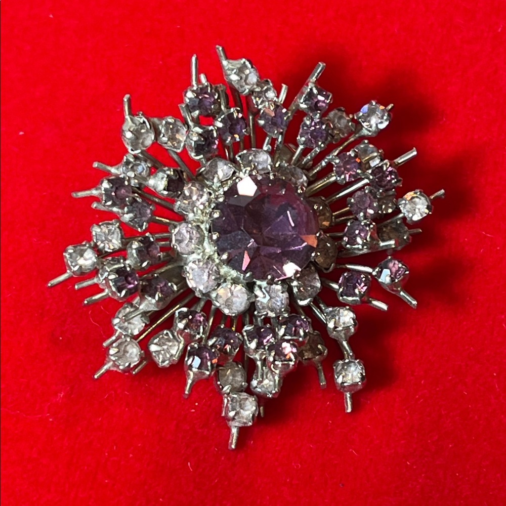 Austria Star Burst of Purple & Clear Cluster of Crystals Brooch in Silver tone